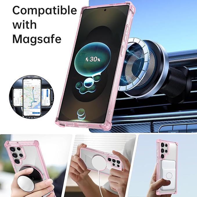 for Samsung Galaxy S25 Ultra Case Compatible with MagSafe Magnetic,with Screen Protector,with Kickstand Ring Military Grade Drop Heavy Duty Protection Shockproof for S25 Ultra Phone Case Pink