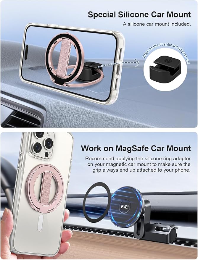 EWA MagOne Ultra for Magsafe Phone Grip Kickstand [Replaceable Elastic Finger Loop], Mag Safe Ring Holder Stand, Two-Sided Magnetic Phone Accessories for iPhone 17,16,15,14,13,12 Pro/Max/Plus-RoseGold