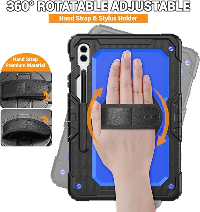 SEYMAC Case for Samsung Galaxy Tab S10+ Plus 2024/ S9 FE+ Plus/ S9+ Plus 12.4" 2023, Heavy Duty Shockproof Protective Case with Screen Protector, Stand, Hand/Shoulder Strap and Pen Holder, Blue