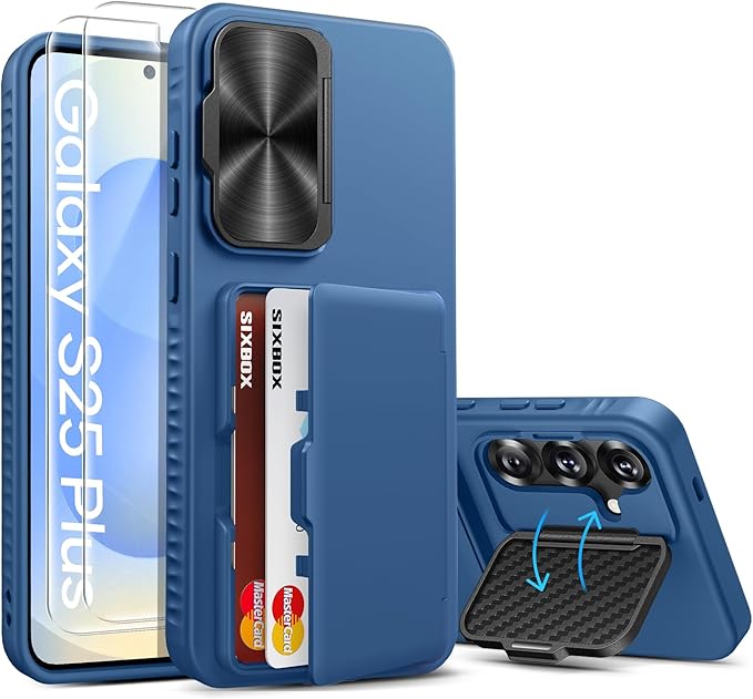 for Samsung Galaxy S25+ Plus Case with Card Holder, Built-in Stand & [2 Pack] Screen Protector & Camera Cover, Rugged Protective Wallet Kickstand Phone Cover Case for S25+ Plus 6.7" 2025, Blue