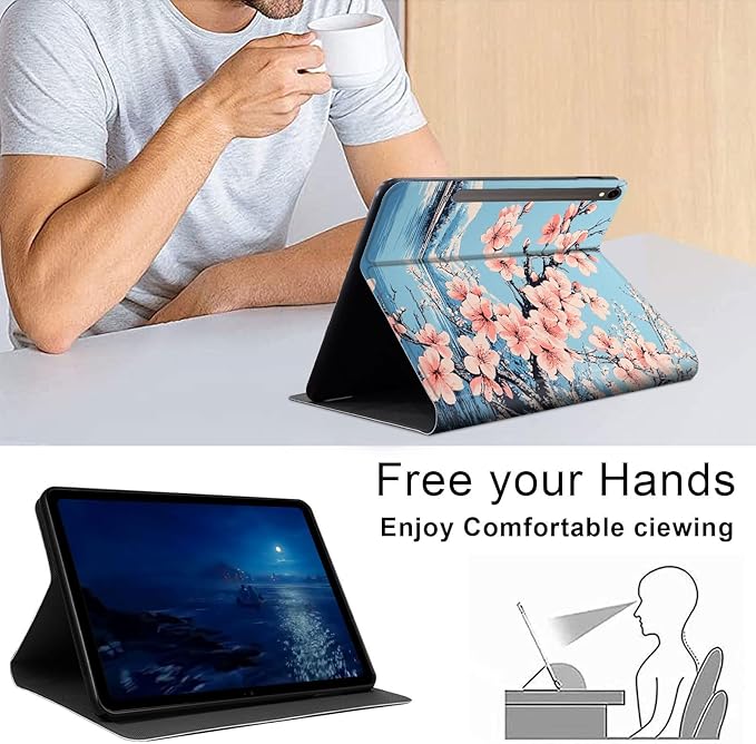 Case for Samsung Galaxy Tab S10 FE/ S9 FE 5G 10.9 Inch/Tab S9 11 Inch, Slim PU Leather Stand Cover with Auto Wake/Sleep, Multi-Angle Viewing & Shockproof, Peach Blossoms
