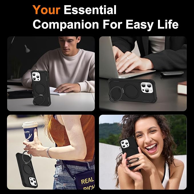 Compatible with iPhone 15 Pro Case with Invisible Magnetic Ring Stand [Compatible with Magnetic] [Military Drop Protection] Shockproof Slim Hard Back Soft Edge Case 6.1 Inch, Black