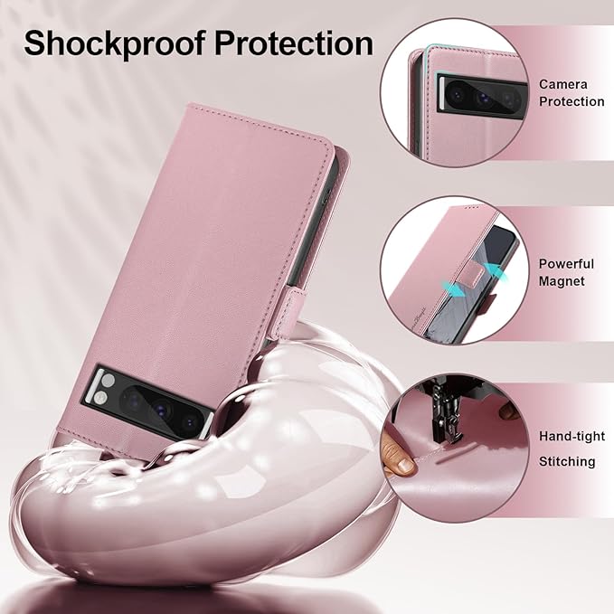 Wallet Flip Case for Google Pixel 8 Pro - [RFID Blocking] Luxury PU Leather Card Holder Magnetic Phone Cover with Kickstand,Shockproof Protective Case,Pink