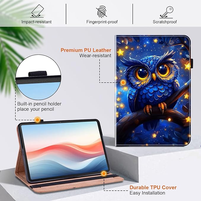 Case for Samsung Galaxy Tab S11 Ultra 2025/S10 Ultra 2024/S9 Ultra 2023 14.6 Inch (SM-X930/X936B) Tablet with Pencil Holder, Multiangle Stand Wallet Design Cover, Blue Owl