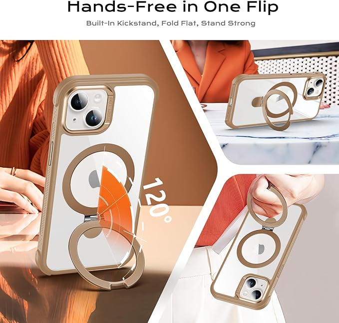 Anqrp O-Ring Magnetic Kickstand Clear Case for iPhone 14/13, Compatible with Mag-Safe, Military-Grade Reinforced 4-Corners Anti-Yellowing Transparent Phone Case Cover for iPhone 13/14, Gold
