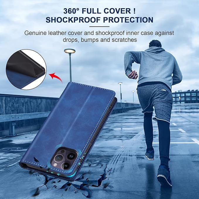 Jasonyu Flip Wallet Case for iPhone 14 Pro Max 5G,Leather Magnetic Folio Cover with Card Holder,Kickstand - TPU Shockproof Durable Protective Phone Case,Blue