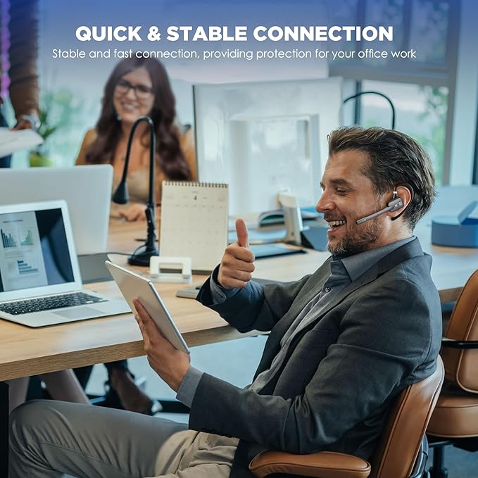 Bluetooth Headset, Wireless Bluetooth Earpiece with Dual-Mic & Noise Canceling, Single Ear Headset with Mute for Business, Remote Work, V5.3 Hand-Free headset for iOS Android Cell Phone (Gray)