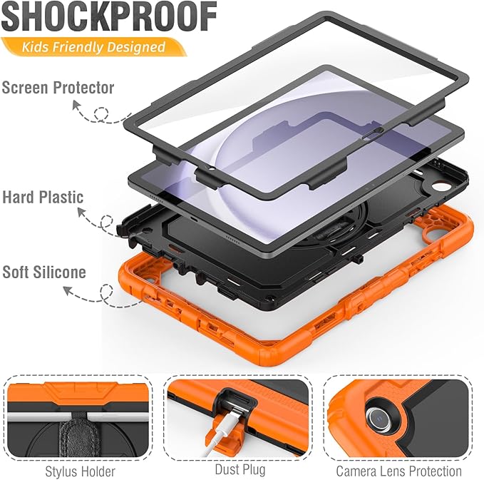 HXCASEAC Case for Samsung Galaxy Tab A9+/ A9 Plus 11 Inch, Protective with Screen Protector/Hand Strap/Pen Holder, Sturdy Shockproof Galaxy A9 Plus Tablet Case 2023 SM-X210/X216/X218 - Orange