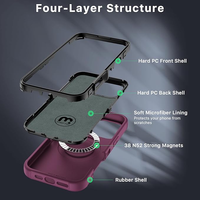 M MYBAT PRO Maverick Series for iPhone 16 Pro Max Case with Belt Clip Holster,[Compatible with Magsafe] w/Screen Protector,Anti-Drop,Shockproof,with 360°Rotating Kickstand,Heavy Duty Protection Plum