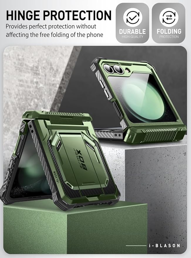 i-Blason for Samsung Galaxy Z Flip 7 FE Case, Z Flip6 Case with Stand, [Built-in Screen Protector] [Hinge Protection] [Belt-Clip], Military Phone Case for Samsung Z Flip 7 FE/6/5, Armorbox, DarkGreen