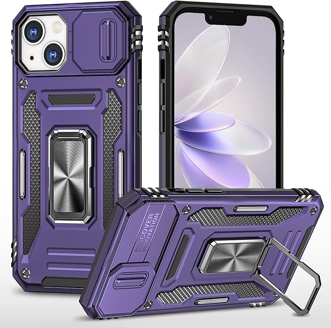 Case for iPhone 14 iPhone Case with Camera Lens Cover, with Ring Holder Kickstand, fit Magnetic Car Mount, for iPhone 14 (Purple)