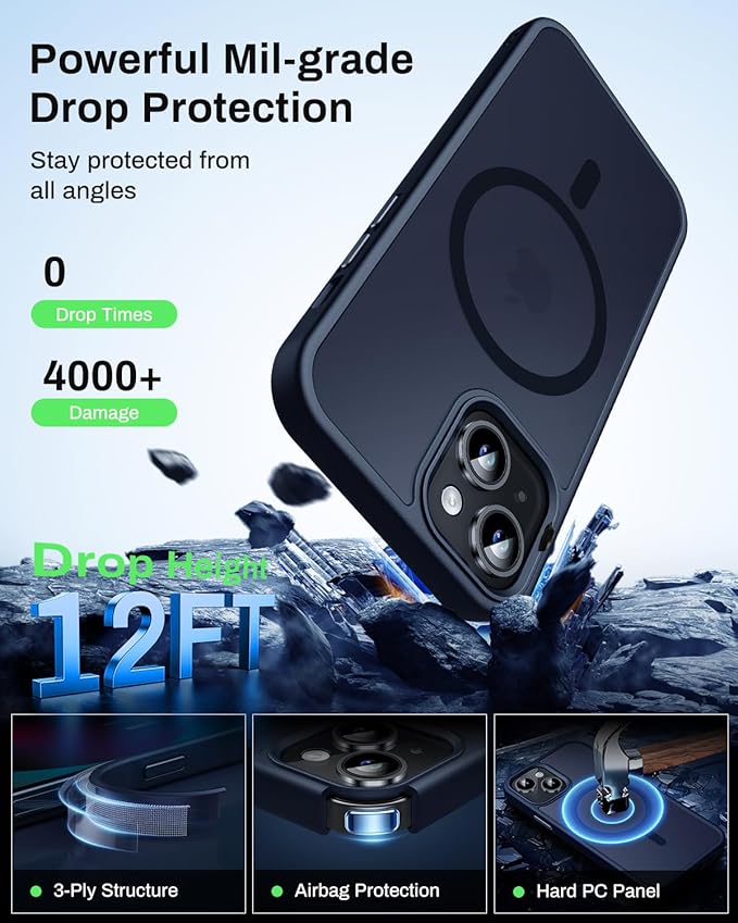 Magnetic for iPhone 13 Case & iPhone 14 Case, Compatible with MagSafe, Military Grade Drop Protection, Slim Fit Shockproof Anti-Fingerprint Translucent Matte Phone Protective Cover, Dark Blue