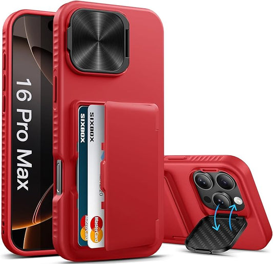 Kickstand Designed for iPhone 16 Pro Max Case with Card Holder & Camera Cover Stand, Military Grade Protection Adjustable Stand Wallet Phone Case for iPhone 16 Pro Max 6.9", Red