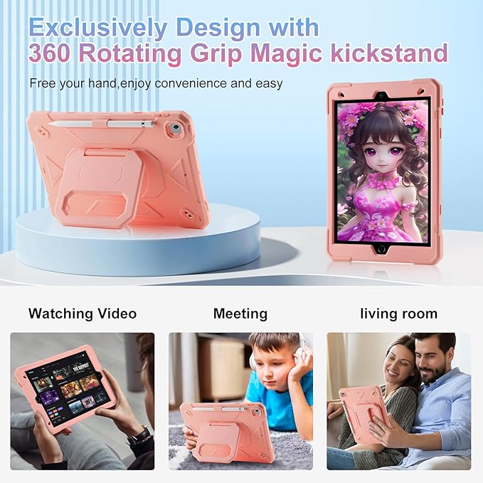 for iPad 10.2 inch Shockproof Case with 360 Rotating Grip Magic Stand, Pen Slot/Keychain/Carrying Shoulder Strap,Case for iPad 9th/8th/7th Gen
