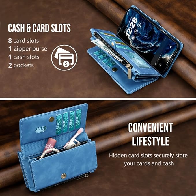 for iPhone Air Wallet Phone Case with 8 Card Holder,RFID Blocking | PU Leather | Kickstand | Flip | Wrist Strap&Shoulder Strap | Shockproof | Zipper Wallet | Women Men | 6.5" | Sky Blue