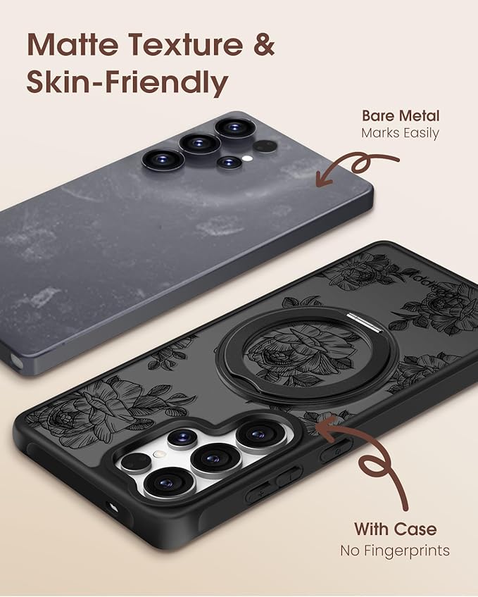 for Samsung Galaxy S25 Ultra Case with 360° Rotatable Magnetic Ring - Compatible with MagSafe, Semi-Transparent Soft-Touch Material Shockproof, Cute Line Art Flower Design for Women Girl