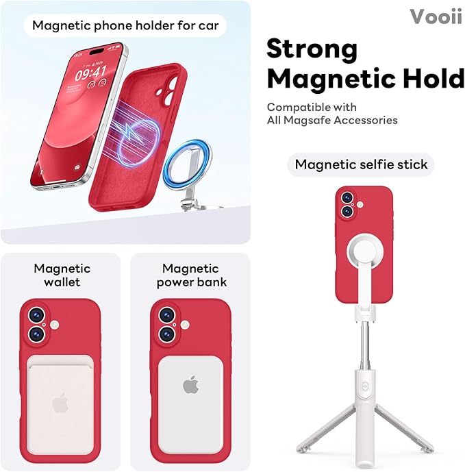 Vooii Magnetic Compatible with iPhone 17 Case (Compatible with Magsafe) (Upgraded Camera Protection) Liquid Silicone Shockproof Full Body Protective Phone Cover for Women Men, Red, 6.3"