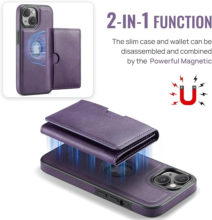 Asuwish Phone Case for iPhone 14 6.1 inch Wallet Magnetic Detachable Cell Cover with Wireless Charging and RFID Blocking Credit Card Holder Flip Stand iPhone14 5G i i-Phone i14 14Case Women Men Purple
