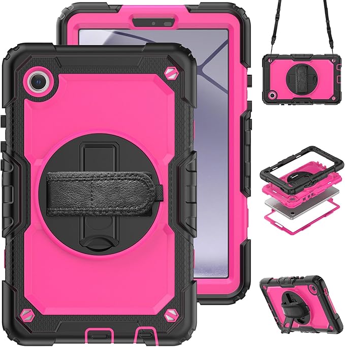 for Samsung Galaxy Tab A9 Case 8.7 inch Case, with Screen Protector, Hand Strap, Shoulder Strap, 360° Rotating Stand for Galaxy Tab A9 2023 Release SM-X110,SM-X115 Pink+Black