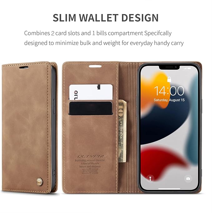 QLTYPRI Case for iPhone 14, Vintage PU Leather Wallet Case Card Slot Kickstand Magnetic Closure Shockproof Flip Folio Book Case Cover for iPhone 14(6.1 inch) - Brown