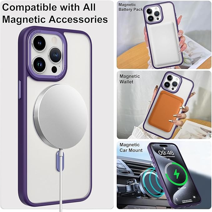 ZIYE Magnetic Case for iPhone 15 Pro Case with Stand [Compatible with MagSafe] Slim Shockproof Military Grade Heavy Duty Cover with 360 Rotatable Ring Kickstand for Women Men, Translucent Purple