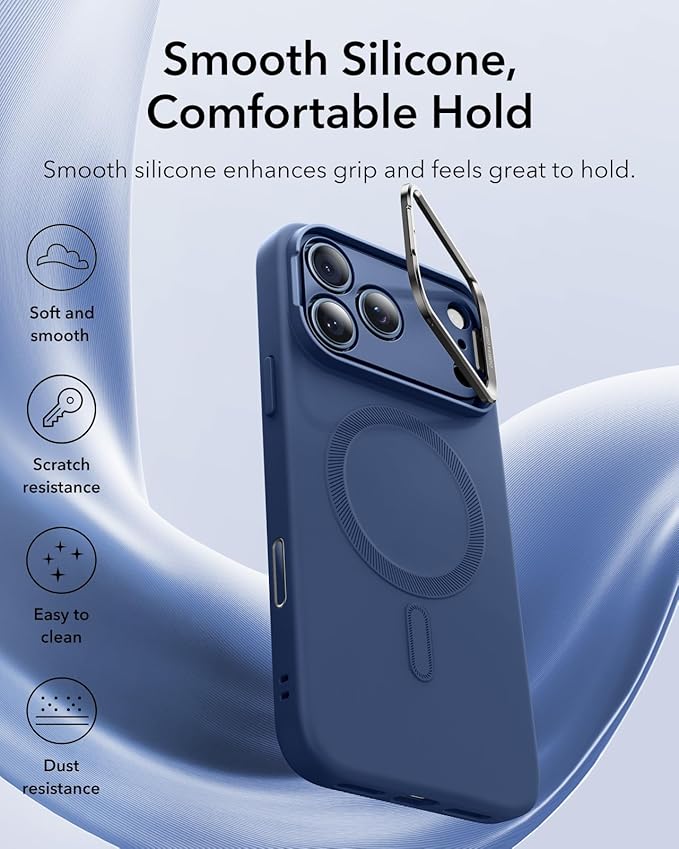 ESR Silicone Case for iPhone 17 Pro, Built-in Camera Stash Stand Compatible with MagSafe, Military-Grade Drop Protection Magnetic Phone Case for iPhone 17 Pro, Cloud Series, Navy Blue