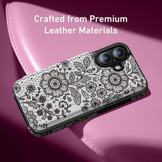 FUNMIKO for iPhone 16 Wallet Case with Card Holder, RFID-Blocking, Military-Grade Protection & UV-Printed Artwork, Magnetic Closure with Leather Kickstand - Graceful Lace Floral