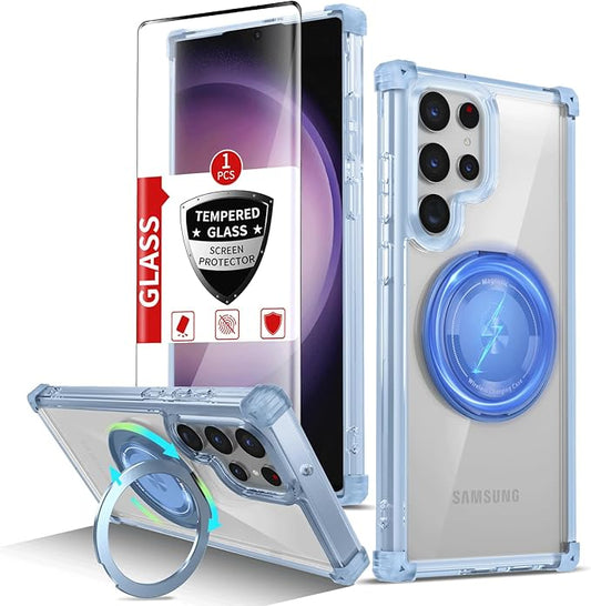 for Samsung Galaxy S23 Ultra Case Compatible Wireless Charging Magnetic,with Screen Protector,for S23Ultra Phone Case with 360°Stand Ring Military Grade Shockproof Heavy Duty Protection Blue