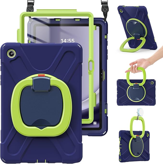 BRAECN Case for Samsung Galaxy Tab A9+ Plus 11” 2023 SM-X210/X216/X218, Heavy Duty Rugged Silicone Cover with Screen Protector, 360 Degree Rotating Stand, Stable Kickstand, Shoulder Strap, Navy Green
