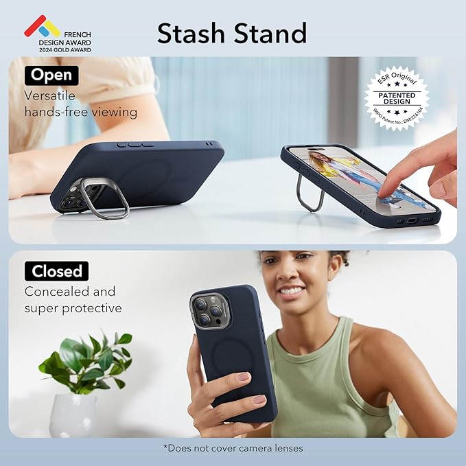 ESR MagSafe Silicone Case with Built-in Stand for iPhone 15 Pro Max - Military-Grade Protection, Camera Stash, Magnetic Phone Case, Cloud Series, Dark Blue