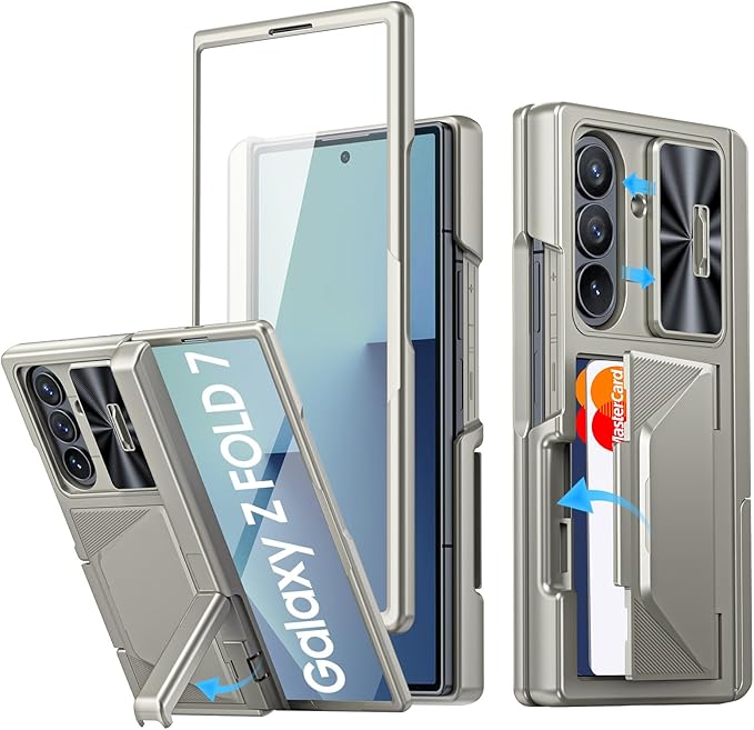 for Samsung Galaxy Z Fold 7 Case with Card Holder RFID Blocking, Built in Slide Lens Cover & Hinge Protection & Kickstand & Screen Protector, Shockproof Wallet Case for Z Fold 7 (Titanium Gold)