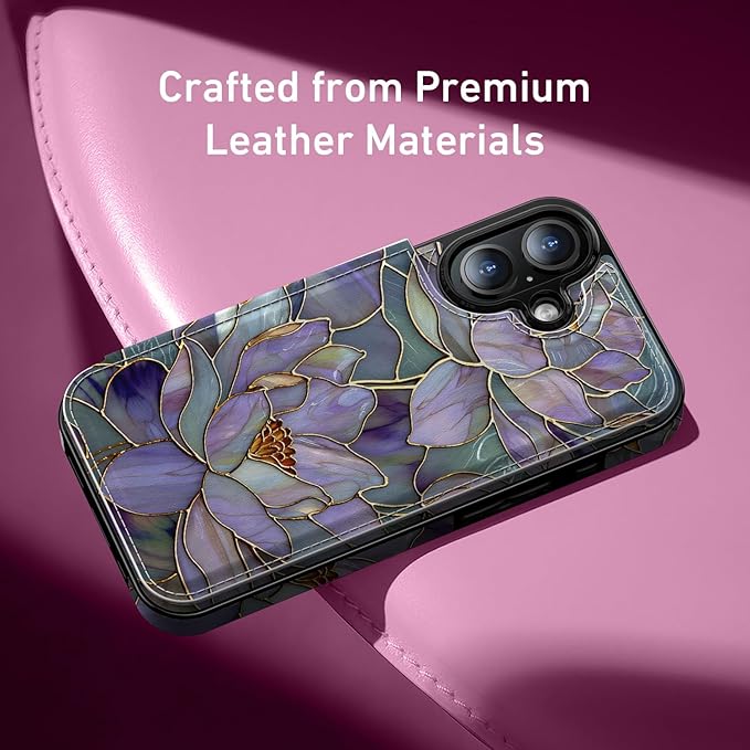 FUNMIKO for iPhone 16 Plus Wallet Case with Card Holder, RFID-Blocking, Military-Grade Protection & UV-Printed Artwork, Magnetic Closure with Leather Kickstand - Dreamy Lotus