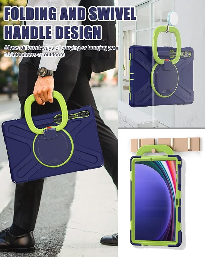 BRAECN Case for Samsung Galaxy Tab S10+/S9 FE+/S9+/S8+/S7 FE/S7+ 12.4”, Rugged Silicone Cover w/S Pen Holder, Screen Protector, Handle Grip/Stand, Shoulder Strap for Galaxy Tab S9 FE Plus, Navy Green