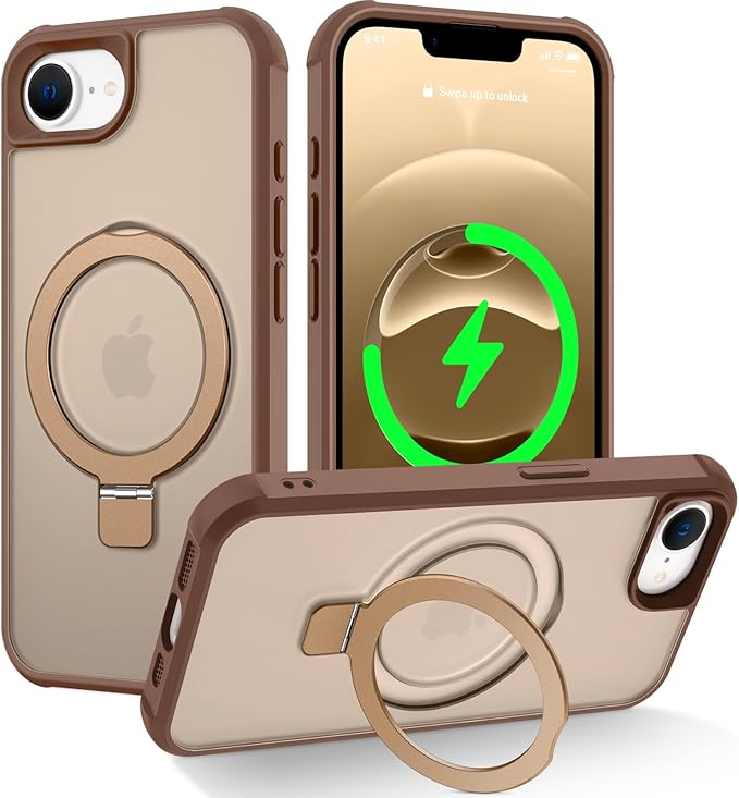 Magnetic Compatible with iPhone 16E Case with Stand [Military Grade Drop Tested][Compatible with Magnet] Ring Translucent Slim Hard Back Soft Edge, Desert Gold