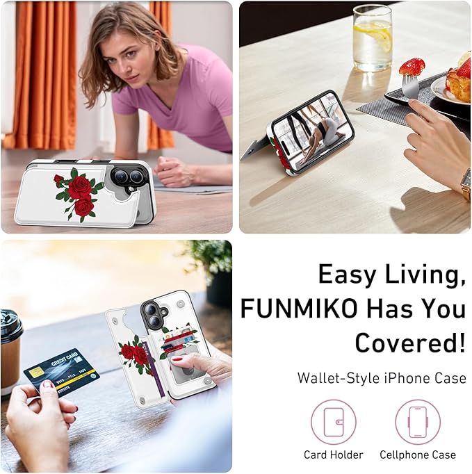 FUNMIKO for iPhone 16 Wallet Case with Card Holder, RFID-Blocking, Military-Grade Protection & UV-Printed Artwork, Magnetic Closure with Leather Kickstand - Blooming Red Rose