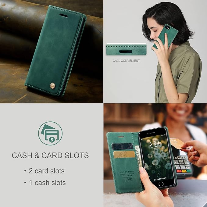 QLTYPRI Case for iPhone 16e, Vintage PU Leather Wallet Case Card Slot Kickstand Magnetic Closure Shockproof Flip Folio Cover for iPhone 16e - Dark Green
