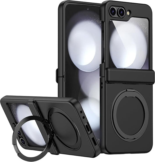 Magnetic Case for Samsung Galaxy Z Flip 5 Compatible with Magsafe, Built-in Kickstand & TPU Hinge Protection Flip 5 Case, Matte PC Cover Ultra Shockproof Phone Case for Z Flip5 (Black)