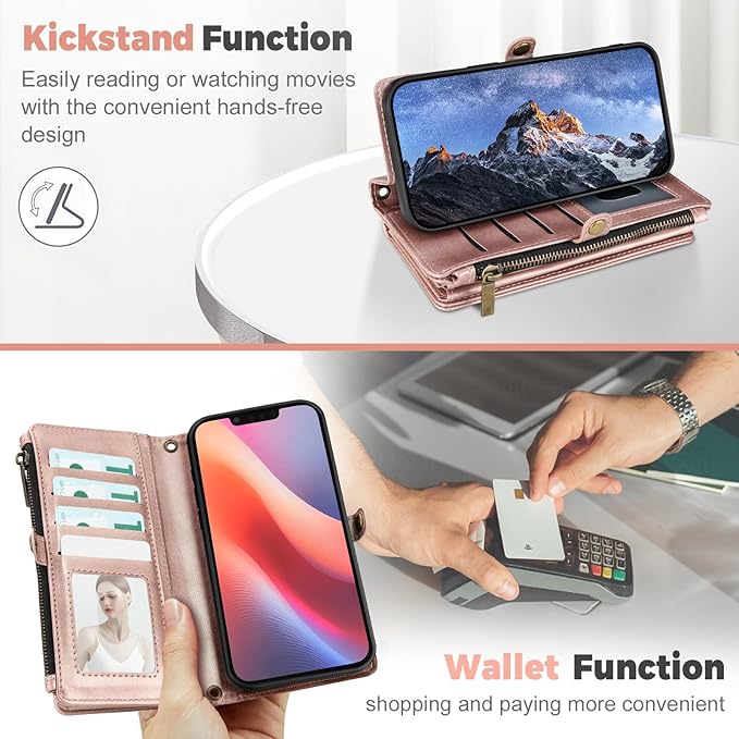 for iPhone 16e Wallet Phone Case with 7 Card Holder,RFID Blocking | PU Leather | Kickstand | Flip | Wrist Strap&Shoulder Strap | Shockproof | Zipper Wallet | Women Men | 6.1" | Rose Gold