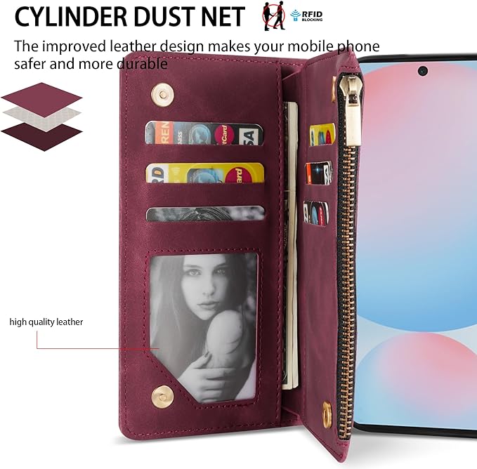 ZZXX for Samsung Galaxy S24 FE Wallet Case with RFID Blocking Card Slot PU Leather Zipper Flip Folio with Strap Kickstand Protective Cover for Galaxy S24 FE Case Wallet(Wine Red-6.7 inch)