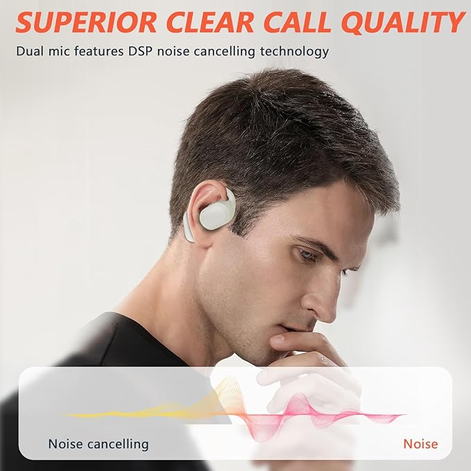Open Ear Headphones Over Ear Buds, IP67 Waterproof True Wiress Earbuds with Dual DSP Noise Cancelling Mic for Work Sports, Advanced Bluetooth V5.4