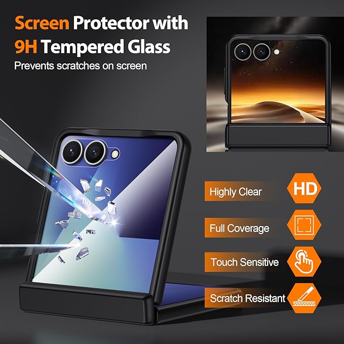 Leather Case for Samsung Galaxy Z Flip 7 | TPU Shockproof | Soft Nappa Leather | Magnetic Hinge Protection | Glass Screen Protector | Sleek Slim Fit | Wireless Charging | Rugged Phone Cover | Black