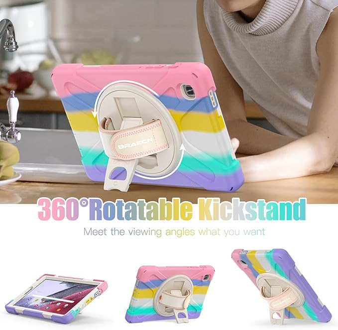 BRAECNstock Kids Case for Samsung Galaxy Tab A7 Lite 8.7 inch 2021(SM-T220/T225/T227) Shockproof Protective Tab A7 Lite Cover with Screen Protector Rotating Hand Strap+Stand Pen Holder - Colorful Pink