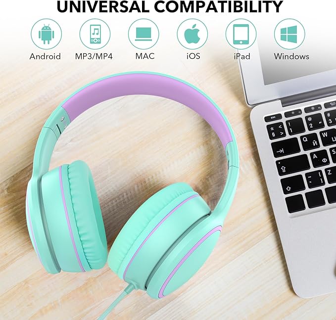 RORSOU R10 Over-Ear Headphones with Microphone Lightweight Folding Stereo Bass Headset with 1.5M No-Tangle Cord Portable Wired Headphones for Smartphone Tablet Computer Green