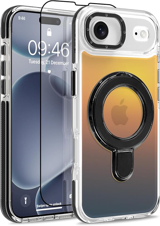 MOWIME Magnetic for iPhone Air Case with Stand [Compatible with Magsafe] [Cute Fashion Fluorescent Design] [1 Screen Protector] Slim Translucent Matte Case for iPhone Air 6.5" 2025, Black