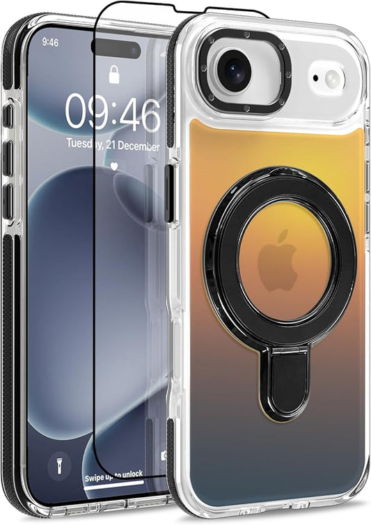 MOWIME Magnetic for iPhone Air Case with Stand [Compatible with Magsafe] [Cute Fashion Fluorescent Design] [1 Screen Protector] Slim Translucent Matte Case for iPhone Air 6.5" 2025, Black