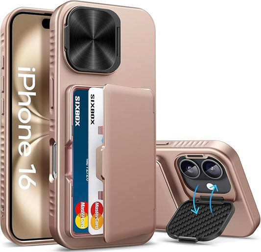 for iPhone 16 Case with Card Holder & Camera Lens Cover & Stand, Military Grade Drop Protection Shockproof Rugged Kickstand Wallet Protective Phone Case Cover for iPhone 16 6.1" 2024, Rose Gold