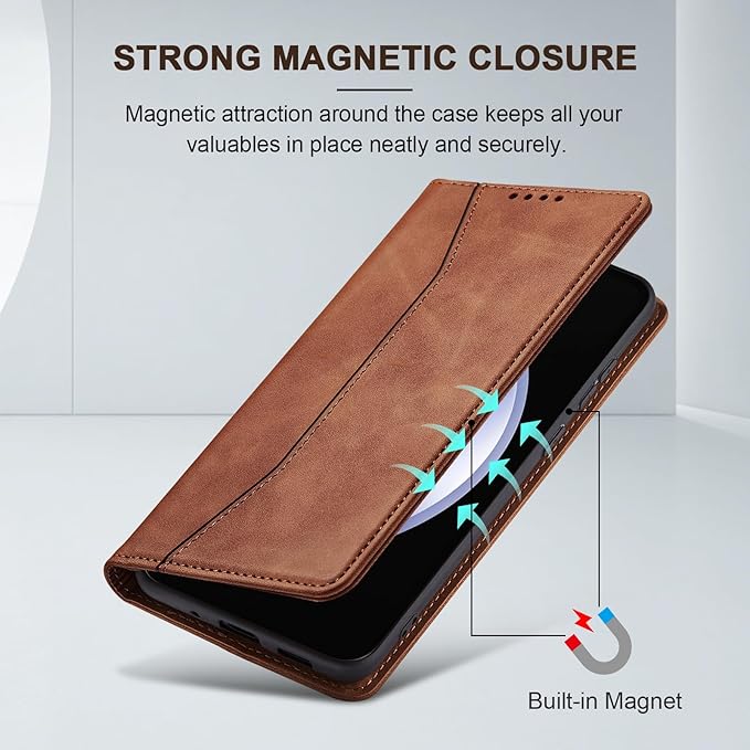 Jasonyu Flip Wallet Case for Samsung Galaxy S23 FE,Leather Magnetic Folio Cover with Card Holder,Kickstand - TPU Shockproof Durable Protective Phone Case,Brown