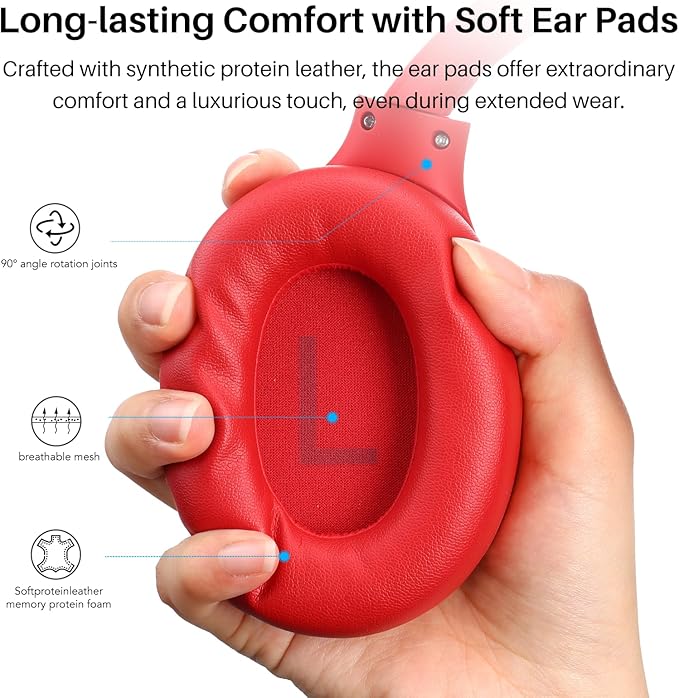 TOZO HT2 Hybrid Active Noise Cancelling Headphones, Wireless Over Ear Bluetooth Headset, 60H Playtime, Hi-Res Audio Custom EQ via App Deep Bass Comfort Fit Ear Cups, for Home Office Travel Red