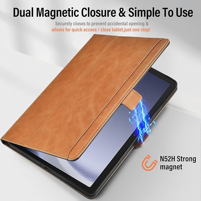 Handmade Case for Samsung Galaxy Tab A9 Plus/A9+ 5G Tablet 11 Inch 2023 SM-X210/SM-X216/SM-X218u with Pocket,Multi Angles,Magnetic Closure,Vegan Leather Folio Cover,Auto Sleep/Wake,Brown