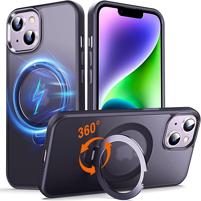 360° O-Ring MagStander for iPhone 13 Case, iPhone 14 Case with Magnetic Stand Ring Holder [Compatible with MagSafe][15FT Military Shockproof] Kickstand iPhone 13/14 Phone Cover Matte Purple